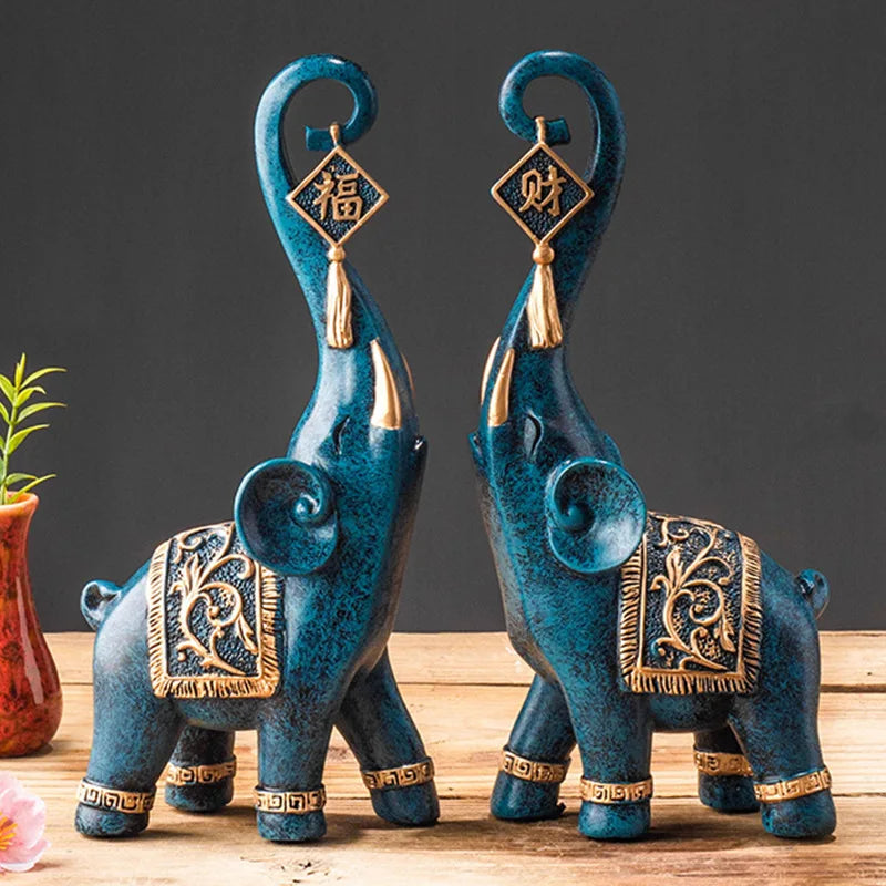 Um par estilo chinês sorte riqueza elefante tronco estatueta decoração para casa animal resina elefante estátua arte artesanato ornamentos presente