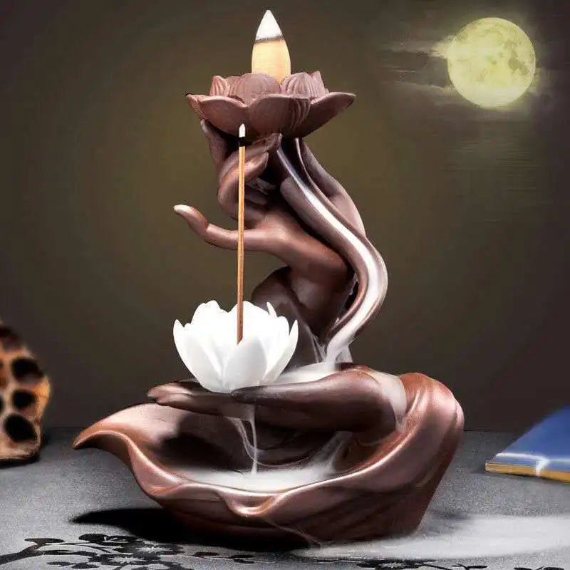Suporte de queimador de incenso de refluxo LED de lótus de mão de Buda estilo chinês, difusor de fragrância de lótus artesanal puro para decoração de casa