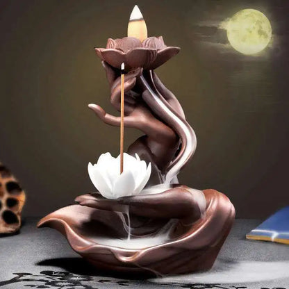 Suporte de queimador de incenso de refluxo LED de lótus de mão de Buda estilo chinês, difusor de fragrância de lótus artesanal puro para decoração de casa