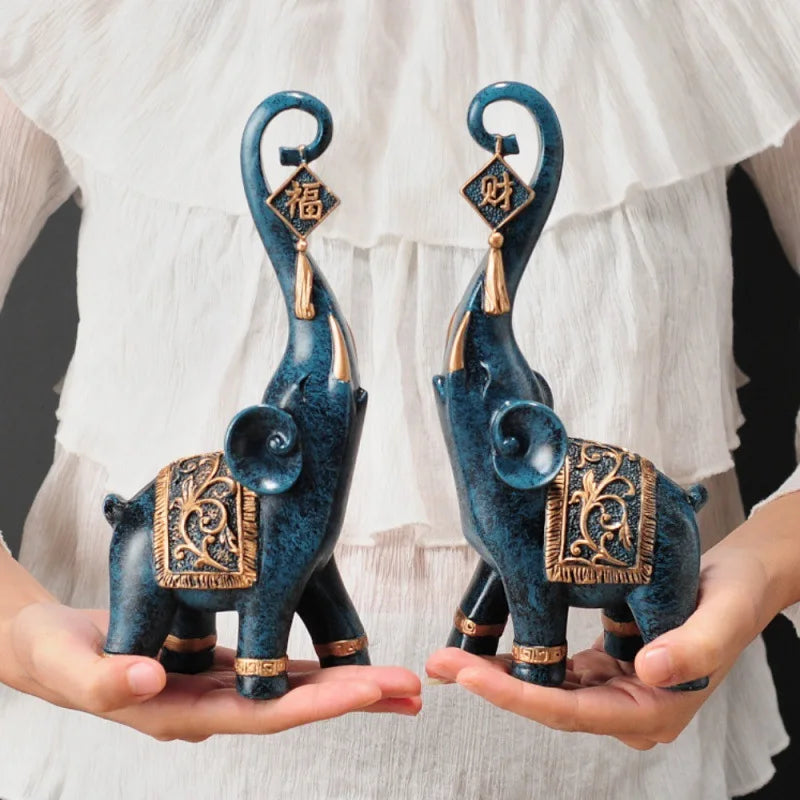 Um par estilo chinês sorte riqueza elefante tronco estatueta decoração para casa animal resina elefante estátua arte artesanato ornamentos presente