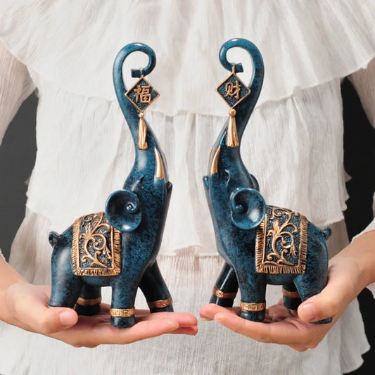 Um par estilo chinês sorte riqueza elefante tronco estatueta decoração para casa animal resina elefante estátua arte artesanato ornamentos presente