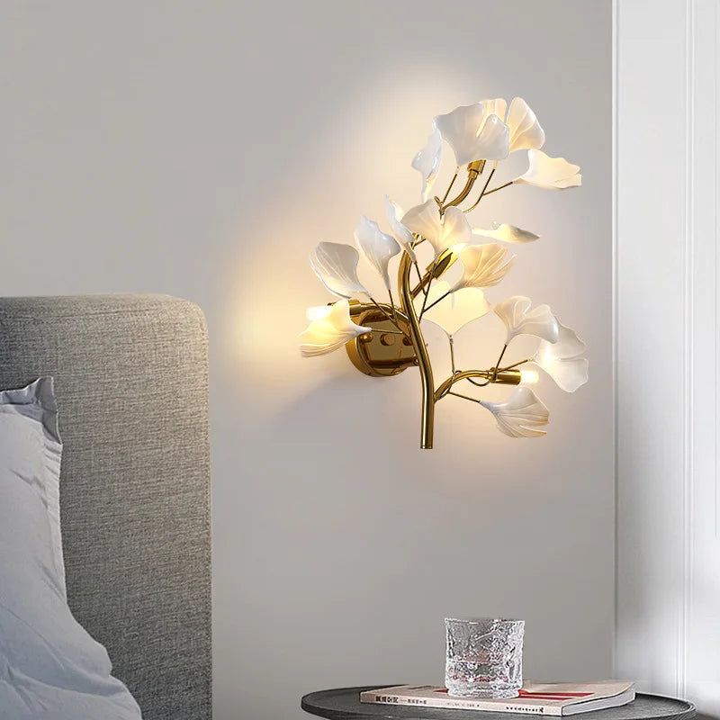 Luxo acrílico ginkgo folha lâmpada de parede sala estar fundo criativo luz parede foyer corredor quarto cabeceira nordic luz