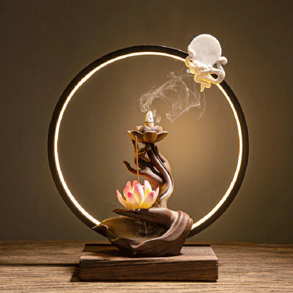 Suporte de queimador de incenso de refluxo LED de lótus de mão de Buda estilo chinês, difusor de fragrância de lótus artesanal puro para decoração de casa