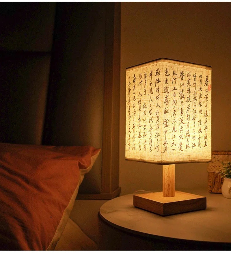 Decoração led candeeiros de mesa simples regulável plug night light tecido abajur quadrado quarto estilo chinês luzes cabeceira