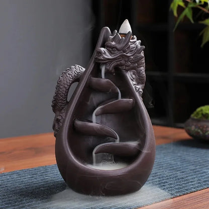 Retro artesanal cerâmica dragão cachoeira backflow queimador de incenso zen vara titular incensário sala estar artesanato ornamento