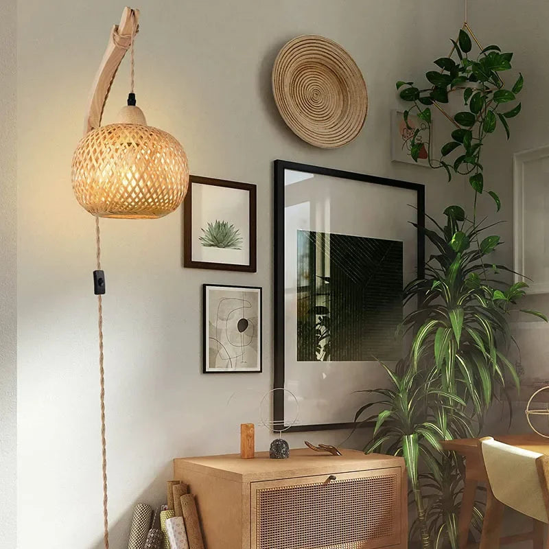 Lanterna de bambu lâmpada de parede natural rattan vime e27 lustres mão-tecido decoração do quarto de bambu abajures luminárias de parede
