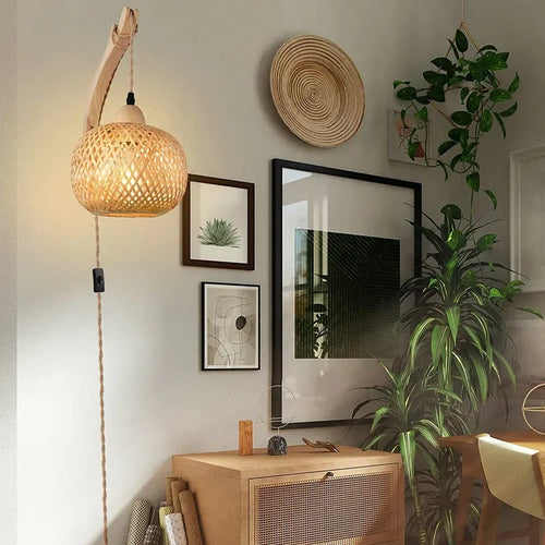 Lanterna de bambu lâmpada de parede natural rattan vime e27 lustres mão-tecido decoração do quarto de bambu abajures luminárias de parede