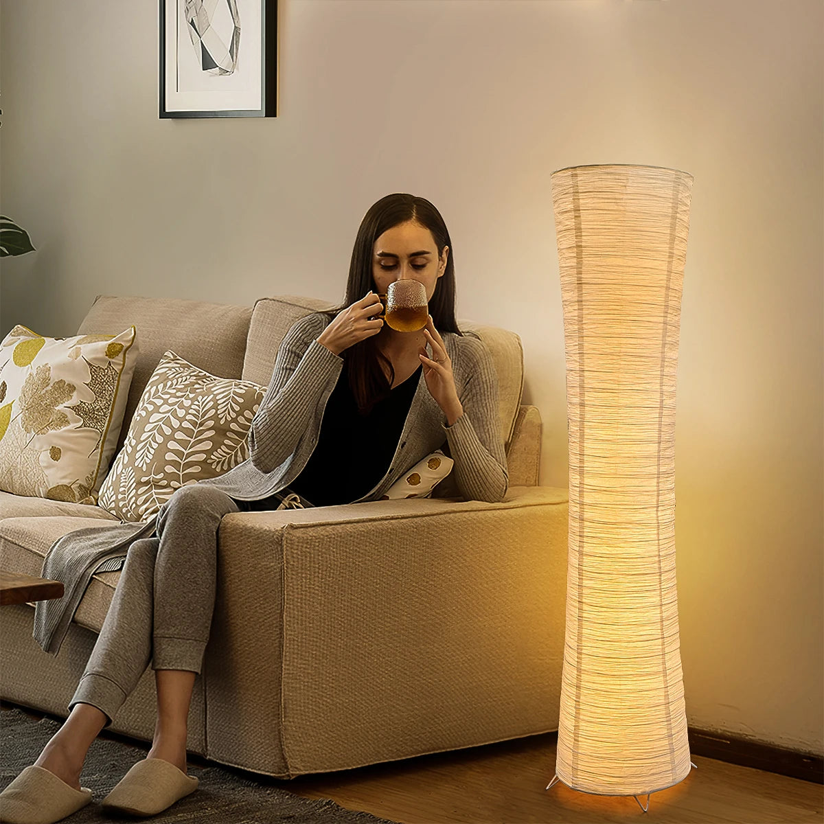 Abajur de papel de três cores led luz ajustável cronometragem lâmpada de chão canto cilíndrico quarto escritório sala de estar