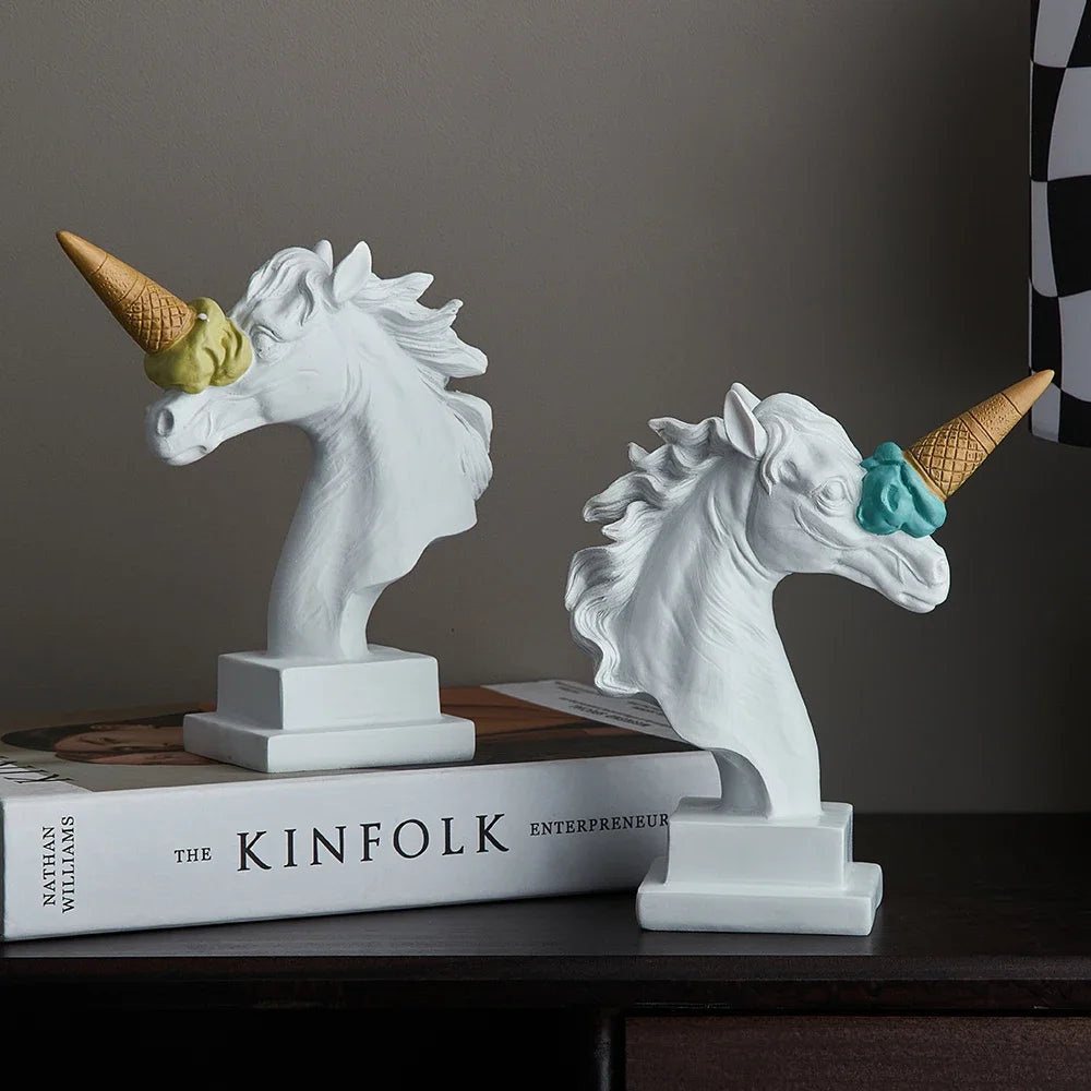 Estilo moderno sorvete unicórnio escultura casa decoração de mesa estátua resina sala estar decoração interior estatueta ornamento presente