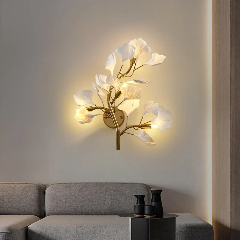 Luxo acrílico ginkgo folha lâmpada de parede sala estar fundo criativo luz parede foyer corredor quarto cabeceira nordic luz