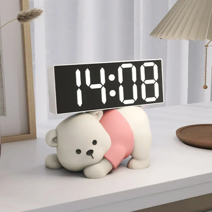 Relógio Despertador digital com Resina Urso, Bonito Estátua Ornamentos, Esculturas de animais, Decoração Desktop Eletrônico, Sala Decor
