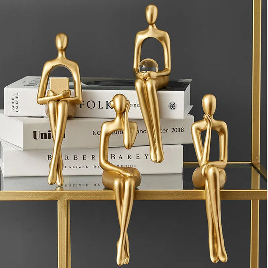 Golden Bookshelf Escultura Decorações para Sala De Estar, Figurinhas Modernas, Decoração Para Casa, Estátuas Do Pensador, Prateleira Mesa Decor