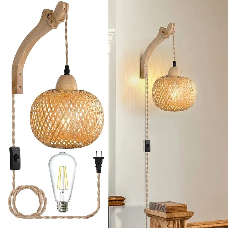 Lanterna de bambu lâmpada de parede natural rattan vime e27 lustres mão-tecido decoração do quarto de bambu abajures luminárias de parede