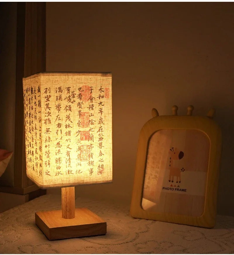 Decoração led candeeiros de mesa simples regulável plug night light tecido abajur quadrado quarto estilo chinês luzes cabeceira