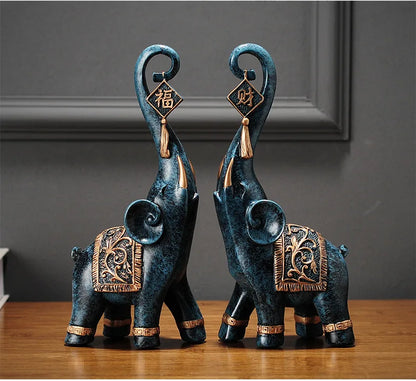 Um par estilo chinês sorte riqueza elefante tronco estatueta decoração para casa animal resina elefante estátua arte artesanato ornamentos presente