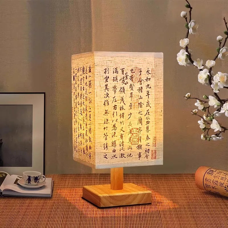 Decoração led candeeiros de mesa simples regulável plug night light tecido abajur quadrado quarto estilo chinês luzes cabeceira