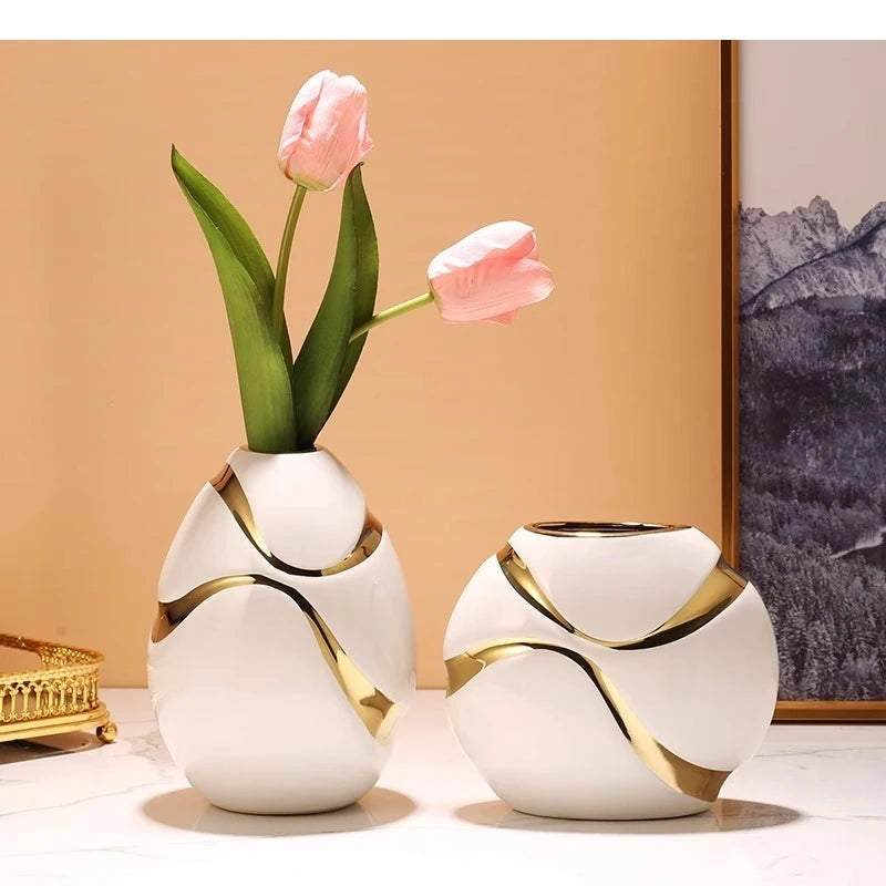 Vaso de cerâmica banhado a ouro, arranjo de flores para sala de estar, mesa hidropônica, utensílios florais, decoração estética