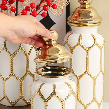 Vaso geral de cerâmica ornamentos vaso sala de estar estilo europeu ouro luxo arranjo de flores casa grande decoração macia artesanato