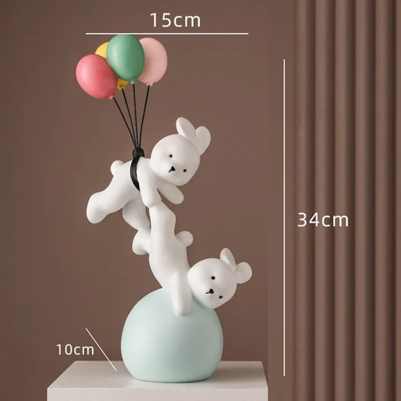 Nórdico Balão Urso Voador Coelho Resina Ornamentos, Home Decor Artesanato Estátua, Quarto das Crianças Figurinhas Escultura, Presente de Casamento