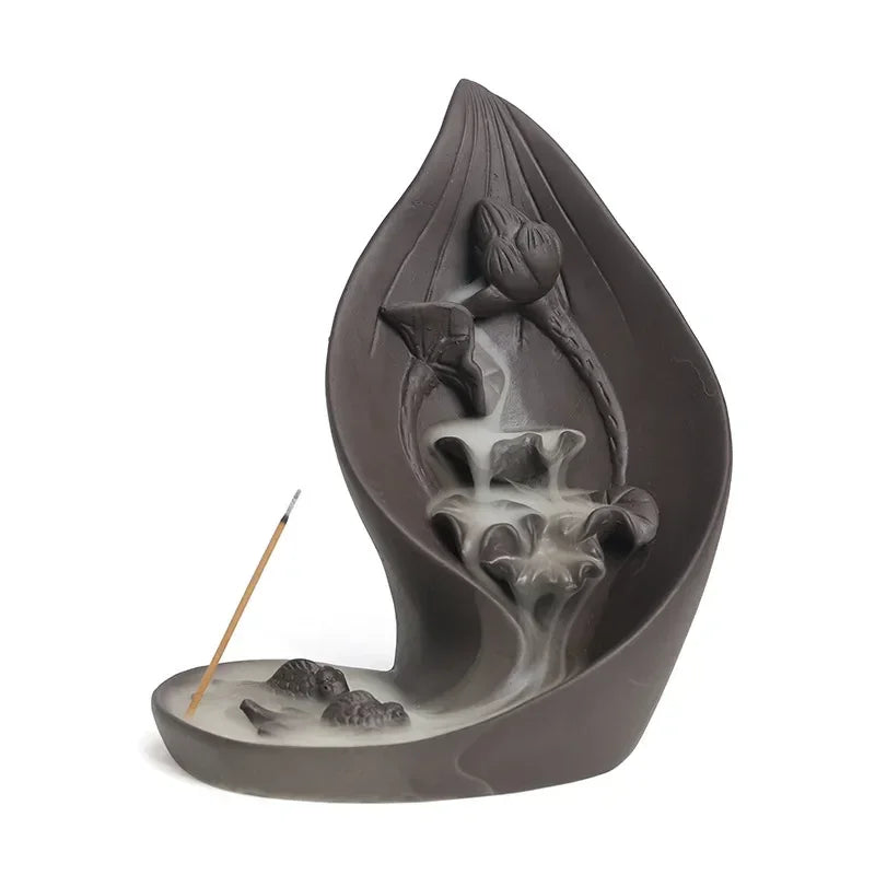 1pc, queimador de incenso de argila roxa criativo folha de lótus e estilo peixe refluxo suporte de incenso presente decoração de casa