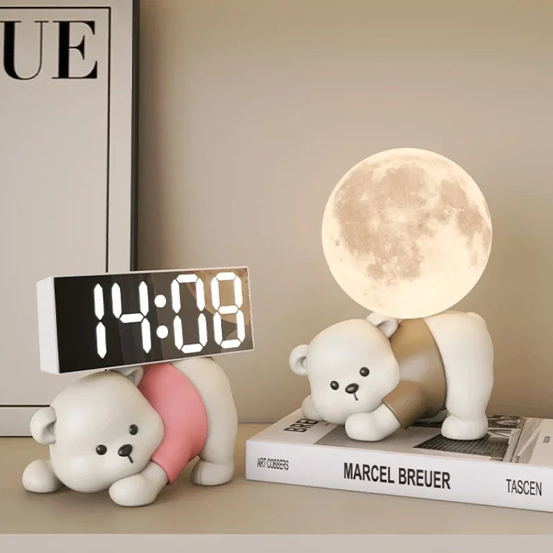 Relógio Despertador digital com Resina Urso, Bonito Estátua Ornamentos, Esculturas de animais, Decoração Desktop Eletrônico, Sala Decor