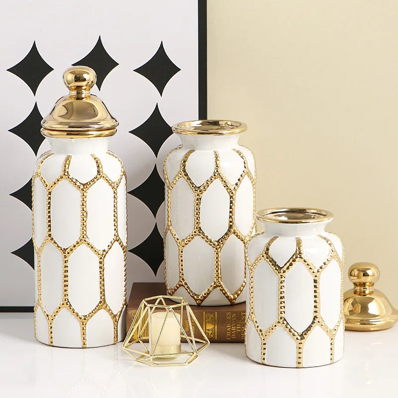 Vaso geral de cerâmica ornamentos vaso sala de estar estilo europeu ouro luxo arranjo de flores casa grande decoração macia artesanato