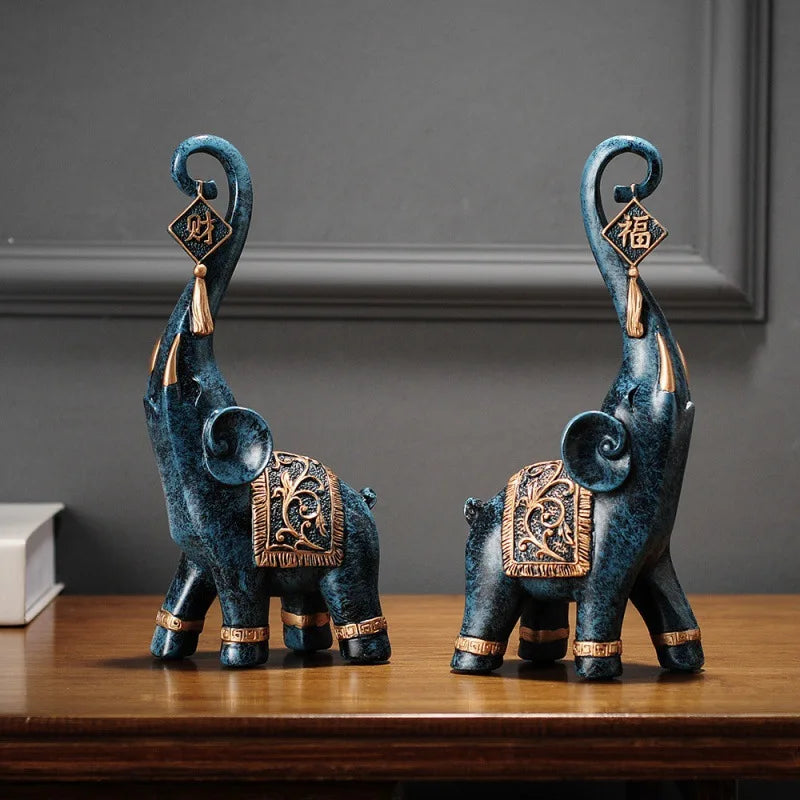 Um par estilo chinês sorte riqueza elefante tronco estatueta decoração para casa animal resina elefante estátua arte artesanato ornamentos presente