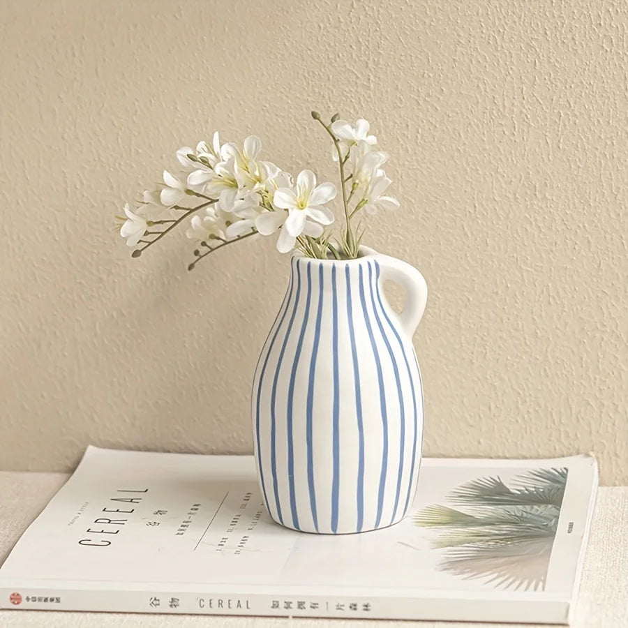 Vaso cerâmico listrado azul pintado à mão, peças de arranjo floral, salão de chá, sala de estar, armário de TV, decoração