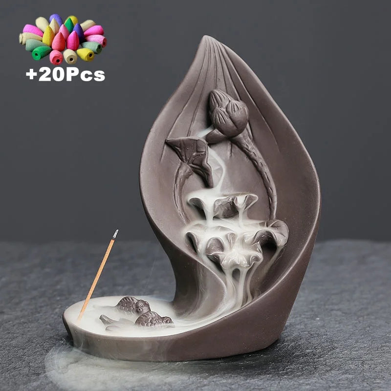 1pc, queimador de incenso de argila roxa criativo folha de lótus e estilo peixe refluxo suporte de incenso presente decoração de casa