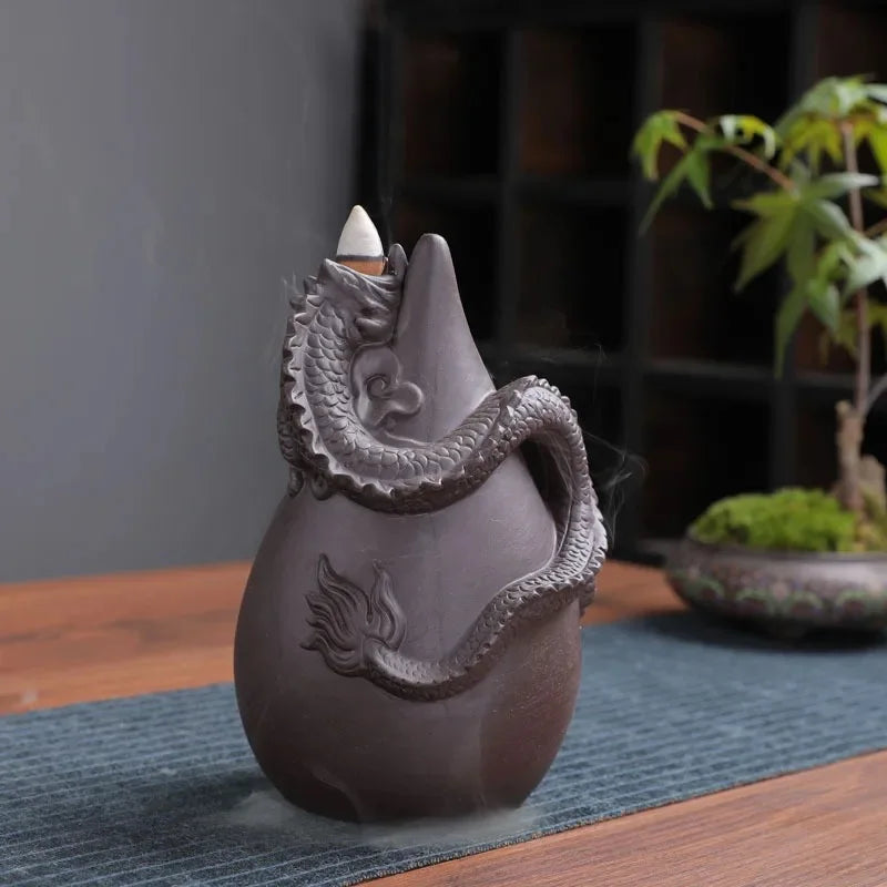 Retro artesanal cerâmica dragão cachoeira backflow queimador de incenso zen vara titular incensário sala estar artesanato ornamento