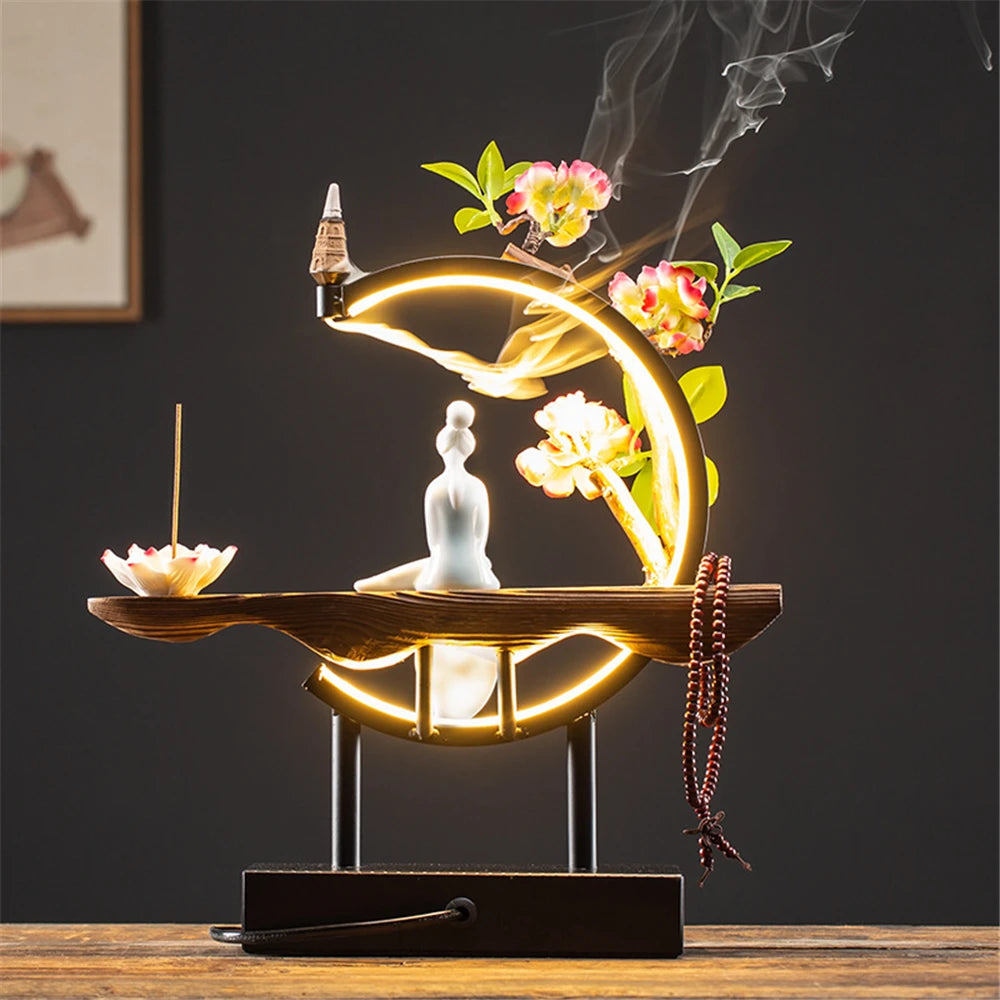 Queimador de incenso de refluxo de madeira de empregada cerâmica com 20 cone usb led círculo de luz lótus buda contas decoração de escritório em casa mobiliário