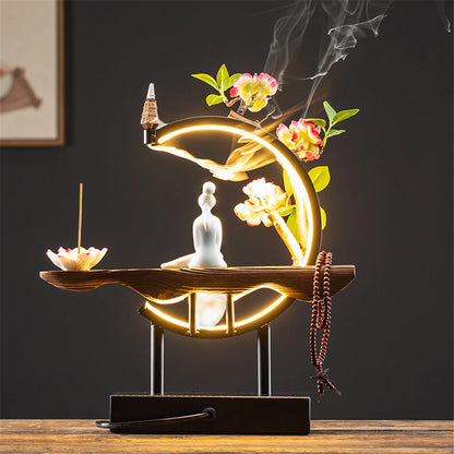 Queimador de incenso de refluxo de madeira de empregada cerâmica com 20 cone usb led círculo de luz lótus buda contas decoração de escritório em casa mobiliário