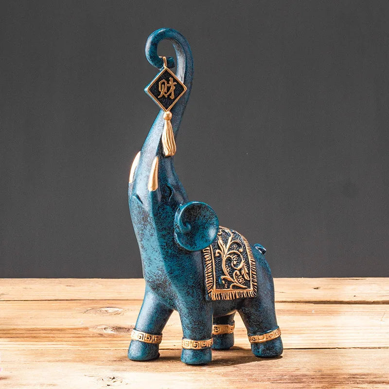 Um par estilo chinês sorte riqueza elefante tronco estatueta decoração para casa animal resina elefante estátua arte artesanato ornamentos presente