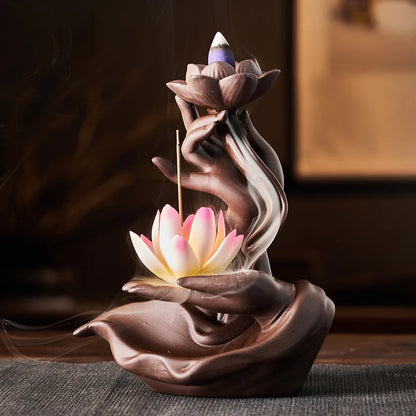 Suporte de queimador de incenso de refluxo LED de lótus de mão de Buda estilo chinês, difusor de fragrância de lótus artesanal puro para decoração de casa