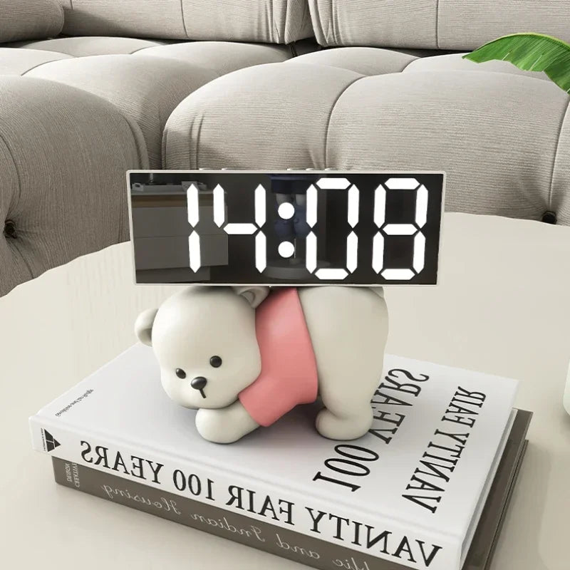 Relógio Despertador digital com Resina Urso, Bonito Estátua Ornamentos, Esculturas de animais, Decoração Desktop Eletrônico, Sala Decor