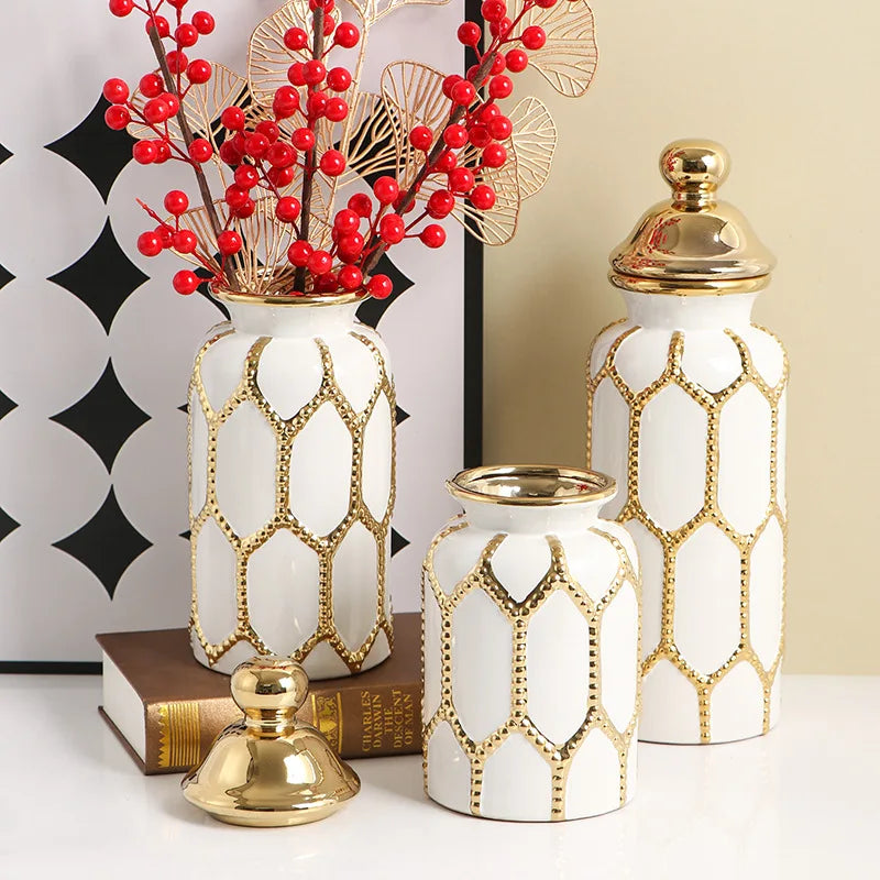 Vaso geral de cerâmica ornamentos vaso sala de estar estilo europeu ouro luxo arranjo de flores casa grande decoração macia artesanato