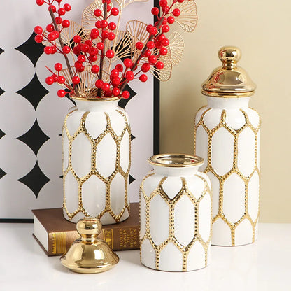 Vaso geral de cerâmica ornamentos vaso sala de estar estilo europeu ouro luxo arranjo de flores casa grande decoração macia artesanato