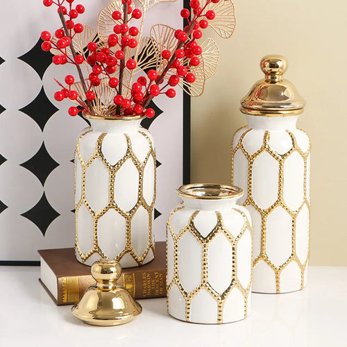Vaso geral de cerâmica ornamentos vaso sala de estar estilo europeu ouro luxo arranjo de flores casa grande decoração macia artesanato