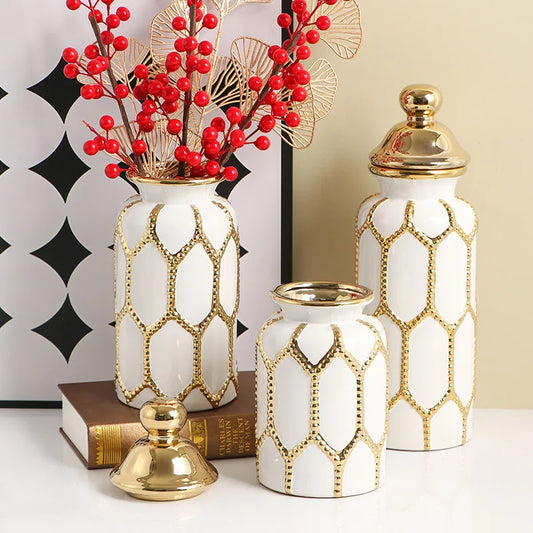 Vaso geral de cerâmica ornamentos vaso sala de estar estilo europeu ouro luxo arranjo de flores casa grande decoração macia artesanato