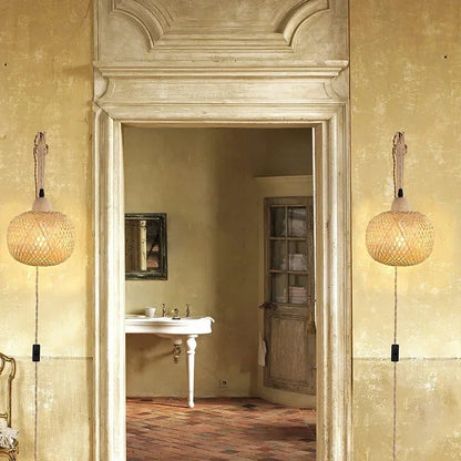 Lanterna de bambu lâmpada de parede natural rattan vime e27 lustres mão-tecido decoração do quarto de bambu abajures luminárias de parede
