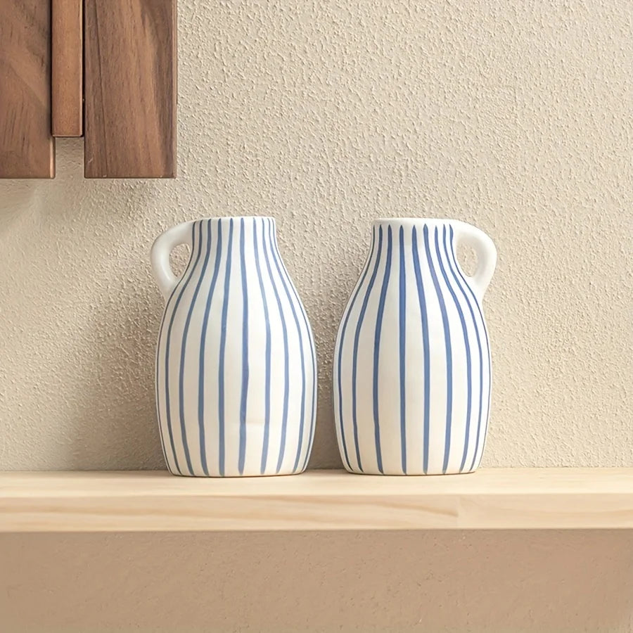 Vaso cerâmico listrado azul pintado à mão, peças de arranjo floral, salão de chá, sala de estar, armário de TV, decoração