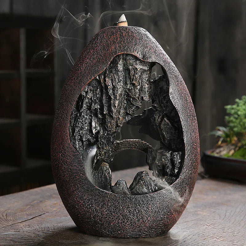 1pc, fumaça cachoeira backflow queimador de incenso criativo decoração para casa suporte de incenso portátil resina incensário montanha rio artesanato