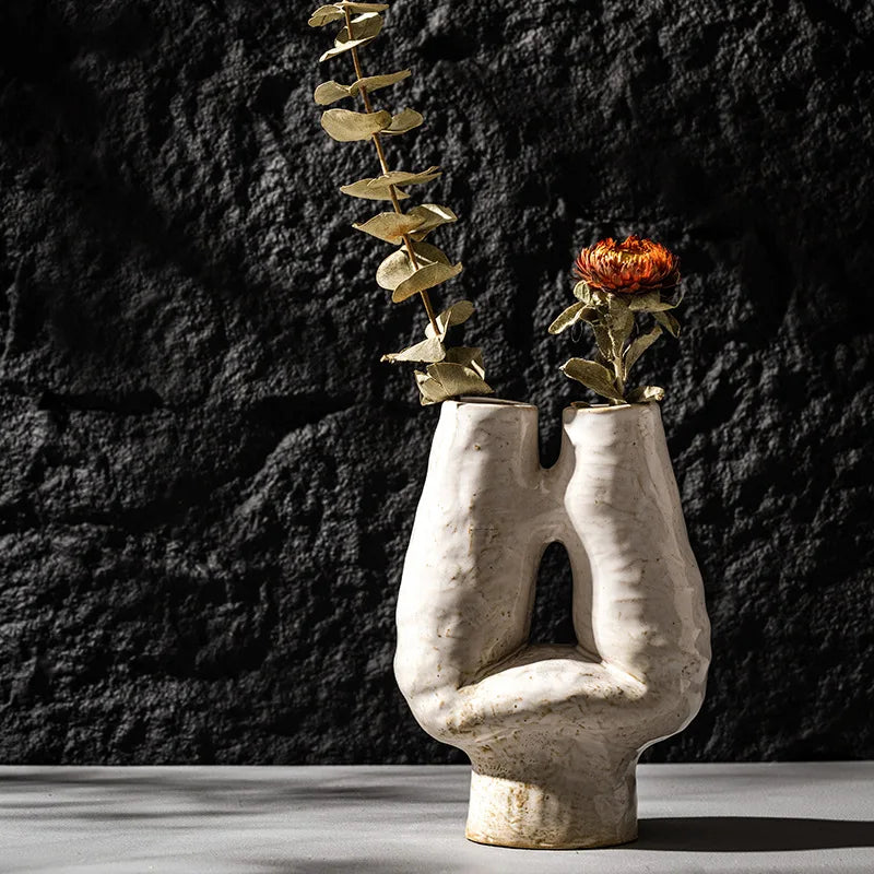 CAPIRON-Vaso de Porcelana Cerâmica H, Boca Dupla, Nórdico Boho, Wabi-sabi, Vaso Decorativo para Flores Secas, Grama Pampas, Escritório