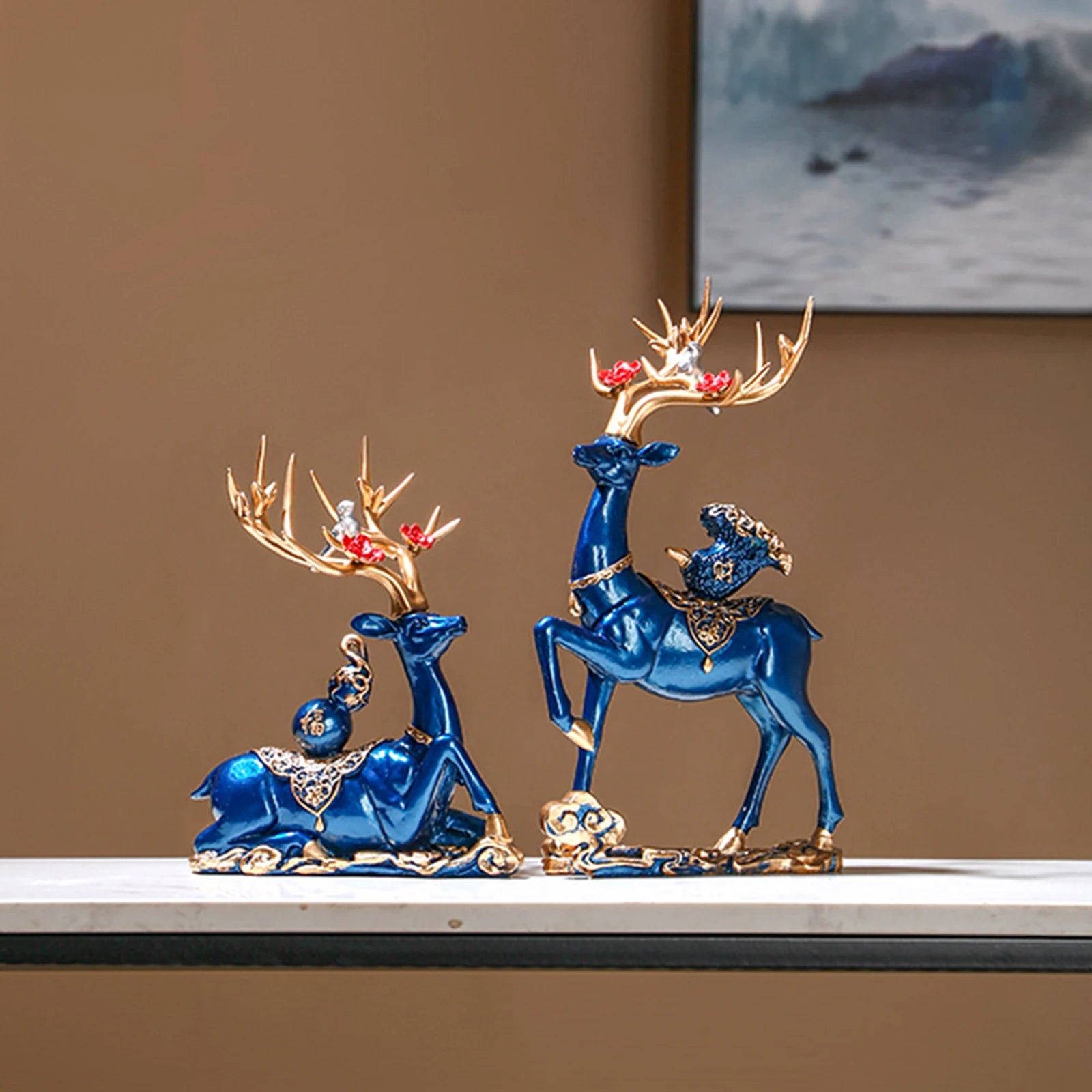 Resina Rena Escultura para Estante Gabinete, Elk Arte Artesanato, Sala de Estar, Decoração Dia Dos Namorados, Lareira, 2Pcs