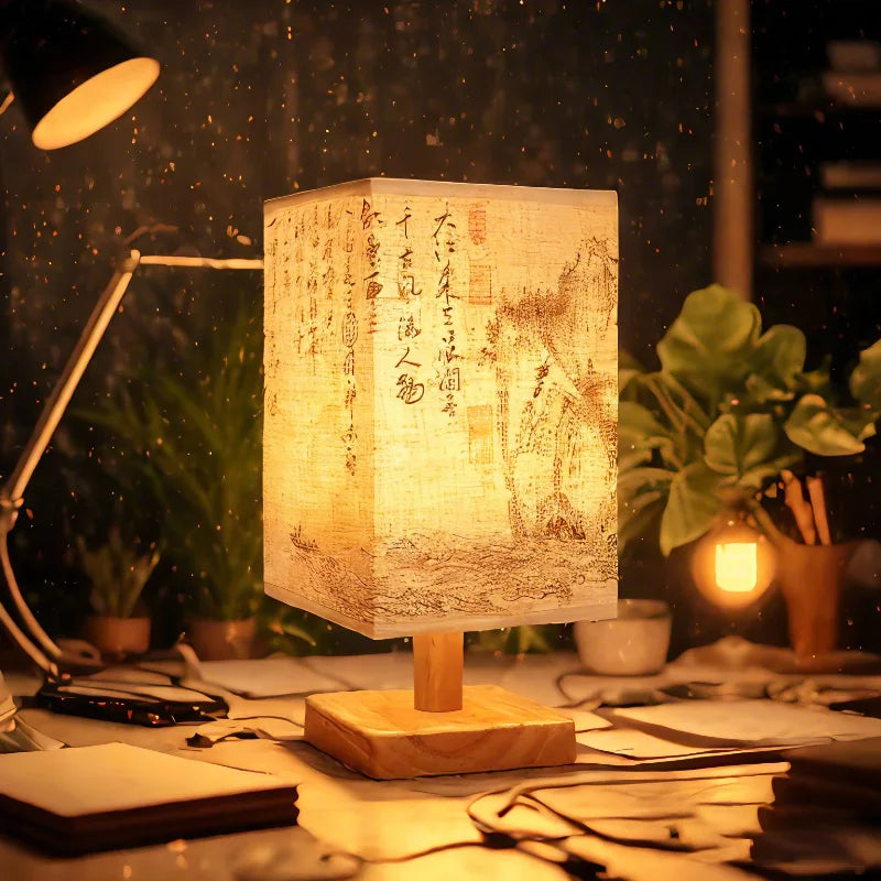 Decoração led candeeiros de mesa simples regulável plug night light tecido abajur quadrado quarto estilo chinês luzes cabeceira