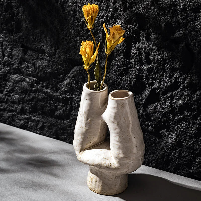 CAPIRON-Vaso de Porcelana Cerâmica H, Boca Dupla, Nórdico Boho, Wabi-sabi, Vaso Decorativo para Flores Secas, Grama Pampas, Escritório