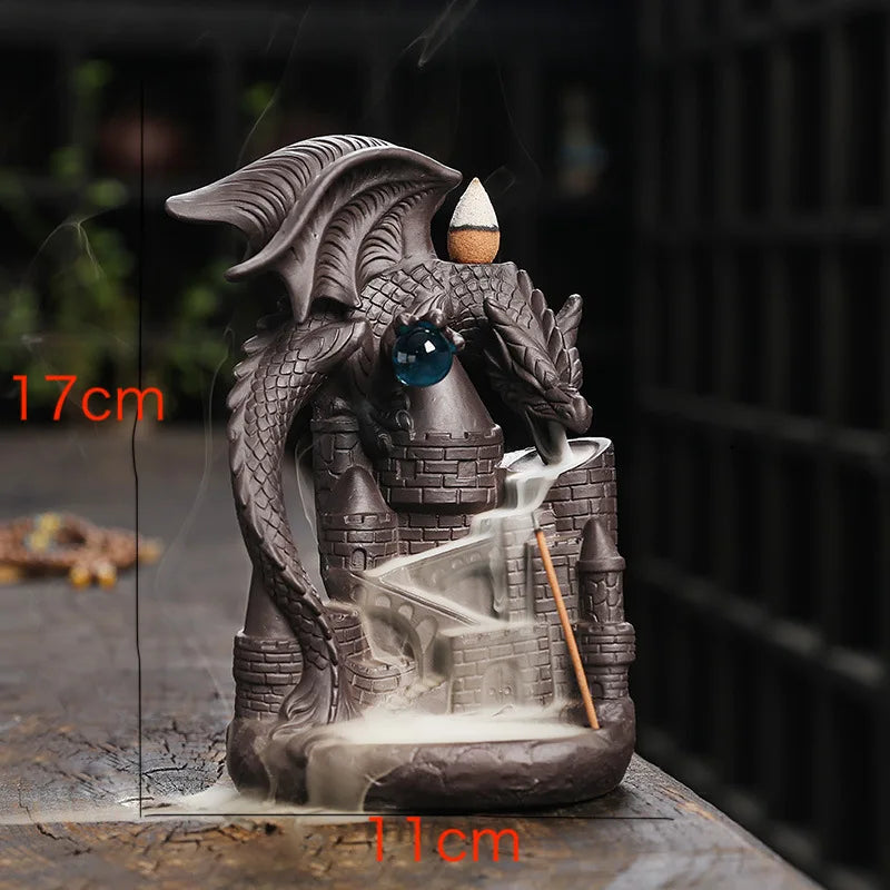 Retro artesanal cerâmica dragão cachoeira backflow queimador de incenso zen vara titular incensário sala estar artesanato ornamento