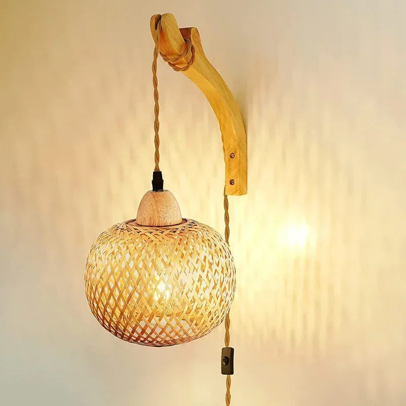 Lanterna de bambu lâmpada de parede natural rattan vime e27 lustres mão-tecido decoração do quarto de bambu abajures luminárias de parede