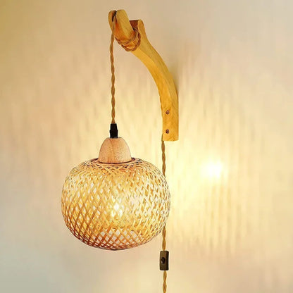 Lanterna de bambu lâmpada de parede natural rattan vime e27 lustres mão-tecido decoração do quarto de bambu abajures luminárias de parede